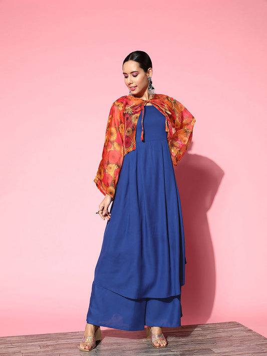 InWeave Women's Ink Blue Strappy Set With Pink Mustard Print Short Organza Cape - Swadesiicart