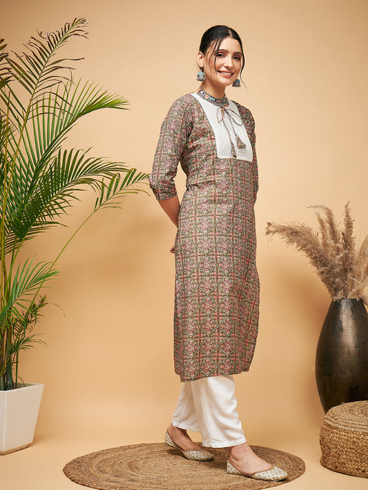 InWeave Women's Green Red Ajrakh Print Cotton Patch Work Straight Kurta - Swadesiicart