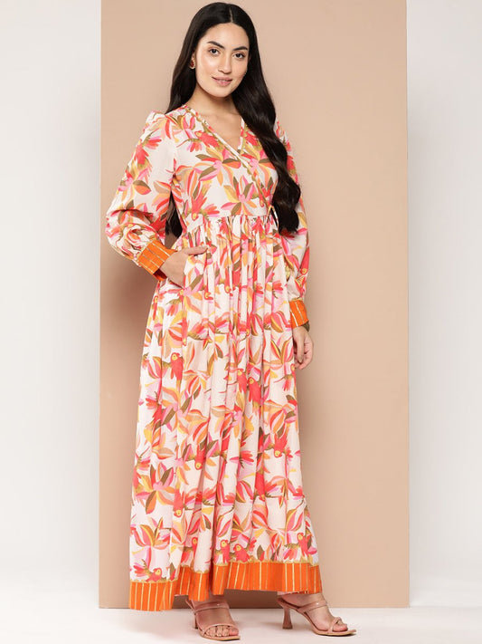 Ahalyaa Floral Printed Tie-Ups Crepe Empire Ethnic Dress | Swadesiicart