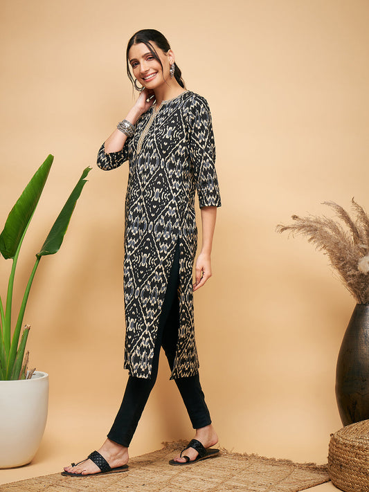 InWeave Women's Black Ikkat Print Gota Cotton Straight Kurta - Swadesiicart