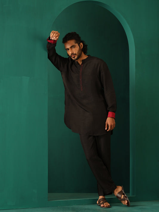 trueBrowns Men's Black Silk Co-ord Set Stitch Detail - Swadesiicart
