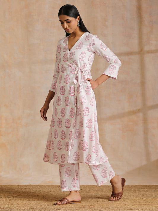 trueBrowns Pink Big Buta On White Print Cotton Angrakha Kurta Pant Set | Swadesiicart