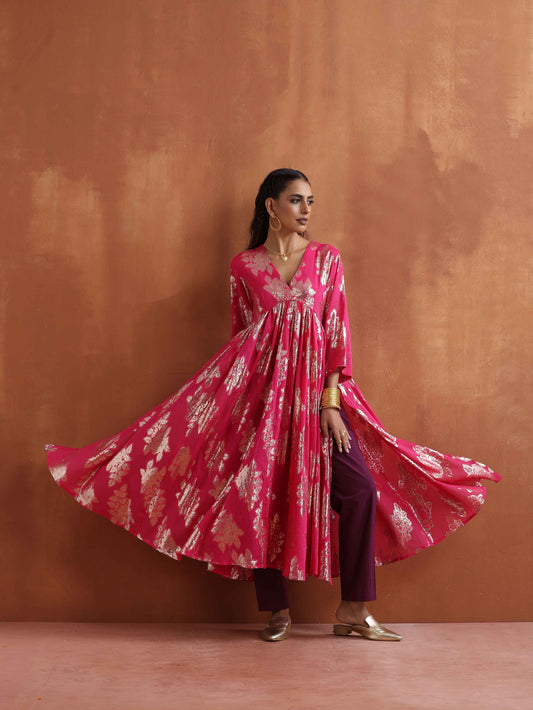 trueBrowns Pink Metallic Flared Anarkali Kurta Set | Swadesiicart
