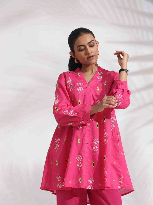 trueBrowns Pink Cotton Print Flared Top Co-ord Set - Swadesiicart