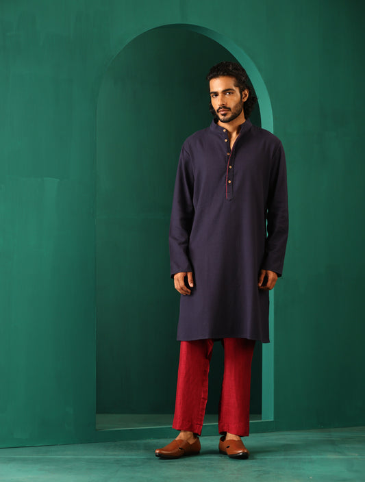 trueBrowns Men's Navy Dobby Textured Kurta | Swadesiicart