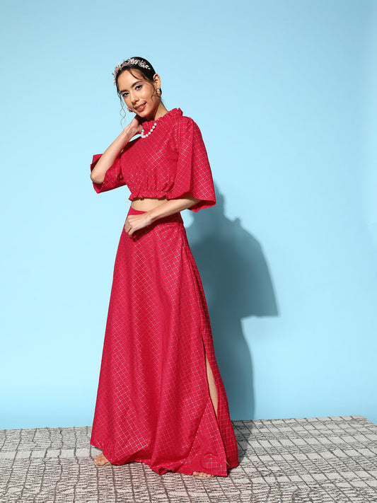 InWeave Women's Candy Red Gold Crop Top With Side Slit Skirt - Swadesiicart