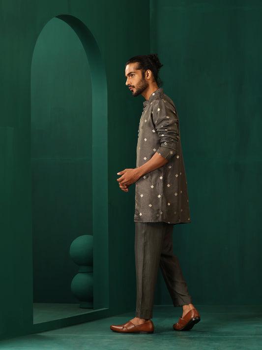 trueBrowns Men's Grey Diamond Viscose Silk Co-ord Set - Swadesiicart