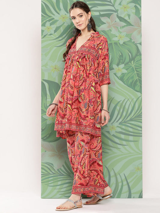 InWeave Women's Peach Camelia Printed Ethnic Kurta Set - Swadesiicart