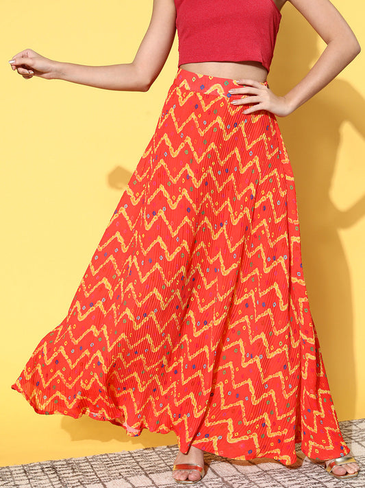 InWeave Women's Orange Bandhej Pleated Skirt - Swadesiicart