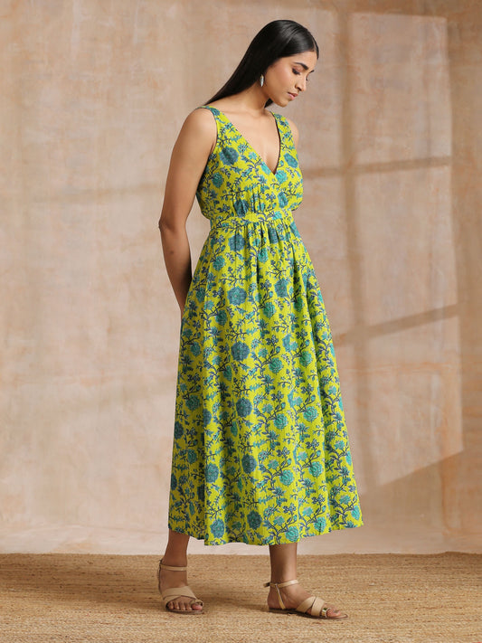 trueBrowns Lime Green Overall Teal Floral Block Print Cotton Sleeveless Wrap Dress | Swadesiicart