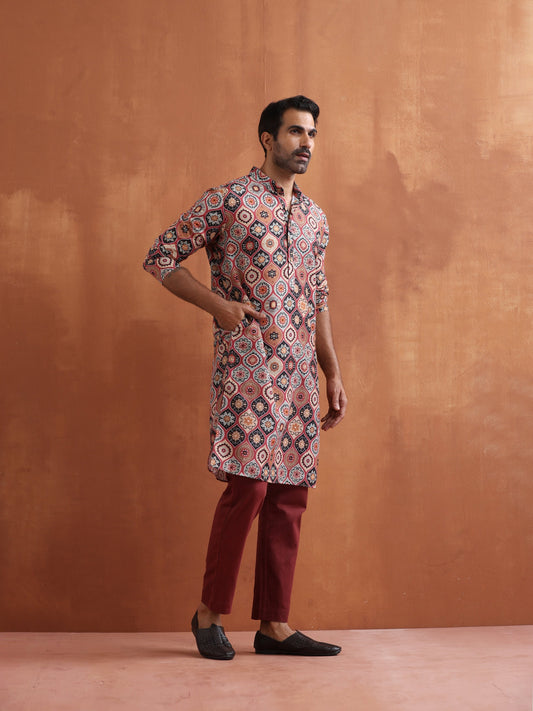 trueBrowns Men's Rust Geometric Printed Kurta | Swadesiicart