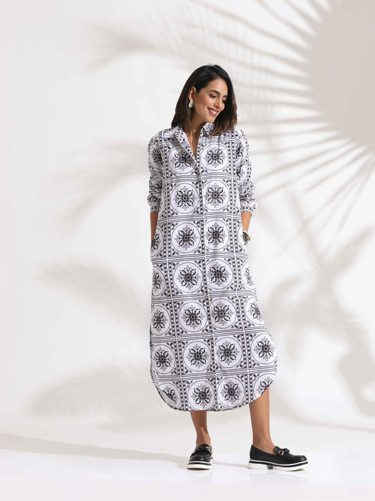 trueBrowns White Cotton Print Shirt Dress | Swadesiicart