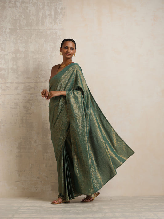 trueBrowns Dark Green Gold Lurex Ready To Wear Saree | Swadesiicart