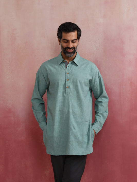 trueBrowns Men's Aqua Blue Cotton Shirt Collar Stylized Kurta | Swadesiicart