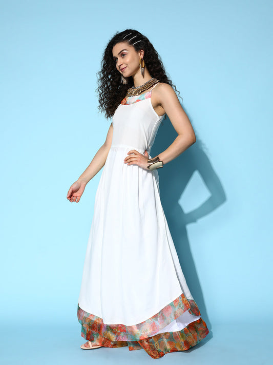 InWeave Women's White Strappy Orgranza Border Kurta Set With Dupatta - Swadesiicart