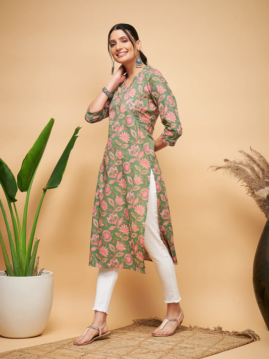 InWeave Women's Green Pink Floral Angrakha Straight Kurta - Swadesiicart