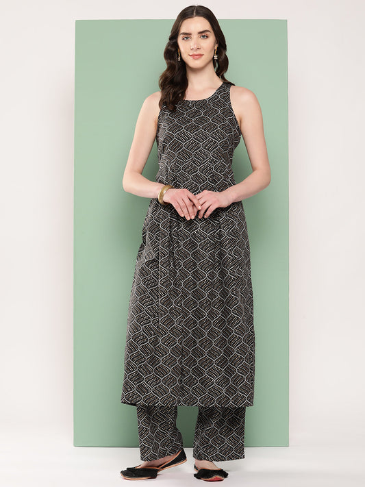 InWeave Women's Black Bandhej Print Raisa Back Detial Long Coords Set - Swadesiicart