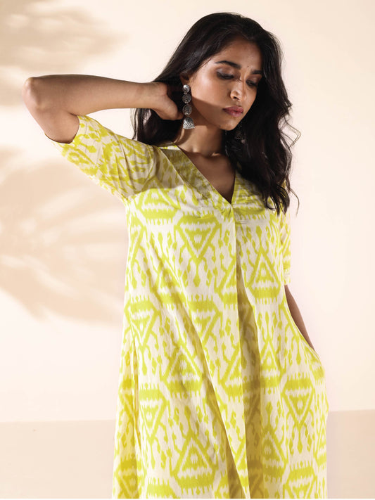 trueBrowns Lime Cotton Ikat Kurta Pant Set | Swadesiicart