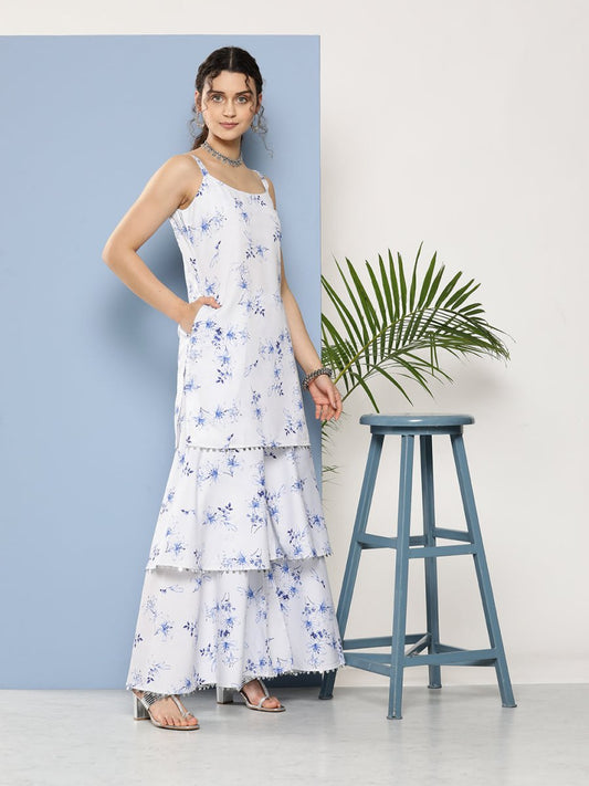 Ahalyaa Women White Floral Printed Sequinned Kurta with Sharara & With Dupatta | Swadesiicart