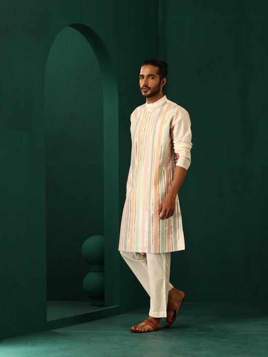 trueBrowns Men's Ivory Multi Colour Striped Cotton Kurta | Swadesiicart