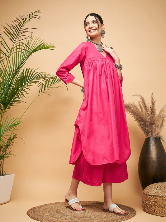 InWeave Women's Fuchsia Flared Kurta Palazzo Set - Swadesiicart