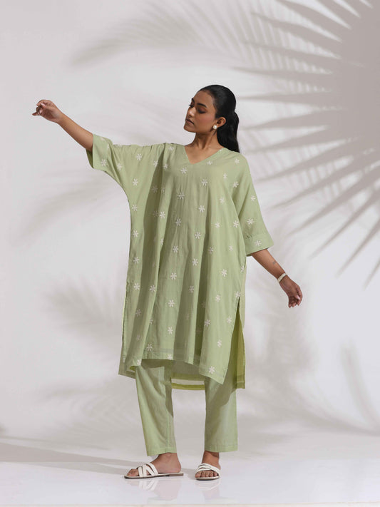 trueBrowns Green Cotton Floral Embroidered Kurta Co-ord Set - Swadesiicart