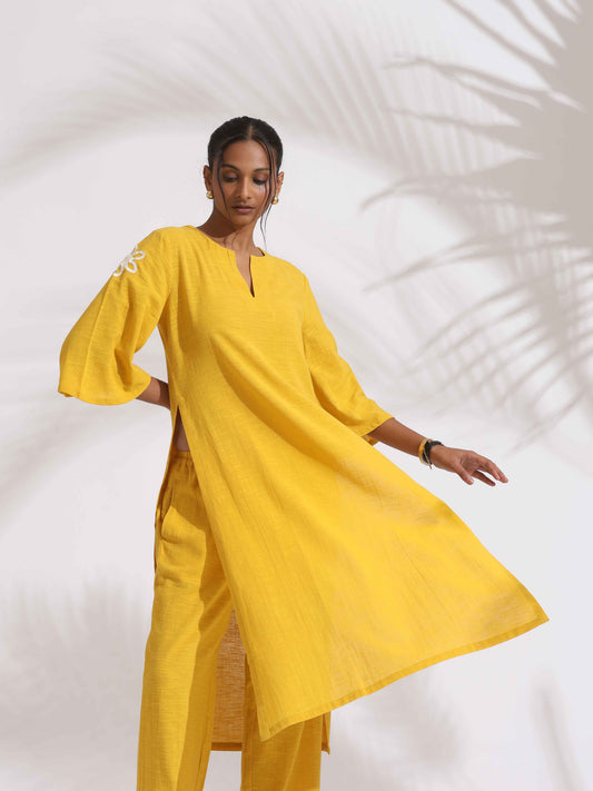 trueBrowns Yellow Cotton Slub Embroidered Straight Kurta Set | Swadesiicart