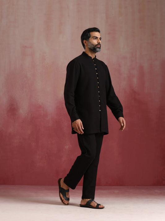 trueBrowns Men's Black Cotton Dobby Kurta Co-ord Set - Swadesiicart