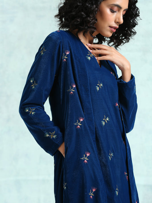trueBrowns Blue Embroidered Velvet Overlay Jacket | Swadesiicart