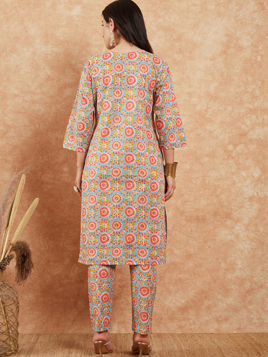 InWeave Women's Light Blue Floral Jaal Gota Work Straight Kurta Pant Set - Swadesiicart