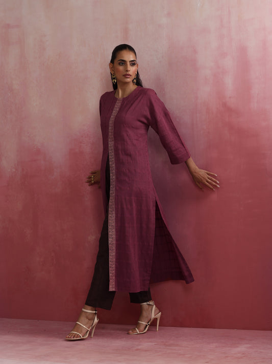 trueBrowns Mauve Cotton Dobby Front Slit Kurta Set | Swadesiicart