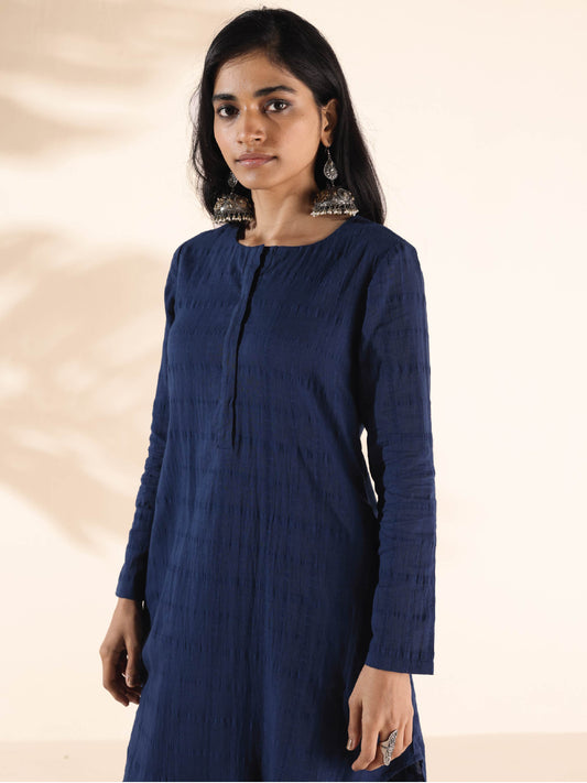 trueBrowns Blue Cotton Dobby Relaxed Co-ord Set - Swadesiicart