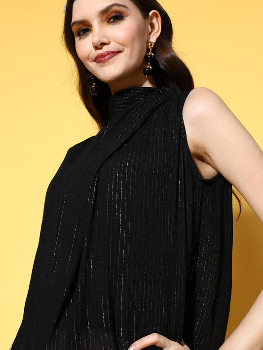 InWeave Women's Black Lurex Tie Up Top - Swadesiicart