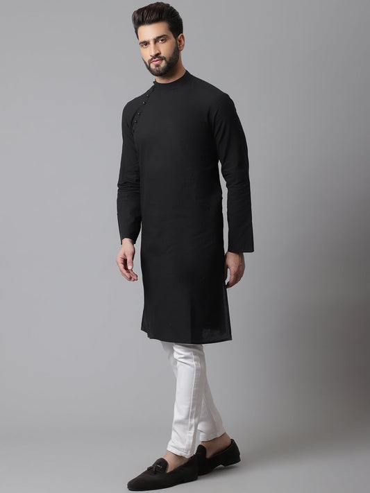 Even Apparels Black Pure Cotton Kurta With Band Collar | Swadesiicart