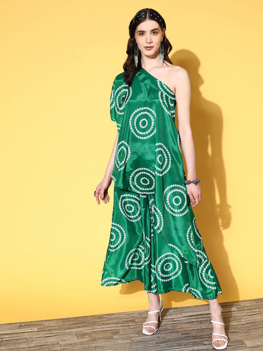 InWeave Women's Green Bandhani Motif One Shoulder Palazzo Set - Swadesiicart