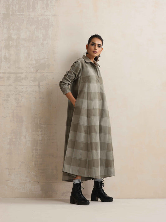 trueBrowns Green Check Flared Winter Dress | Swadesiicart