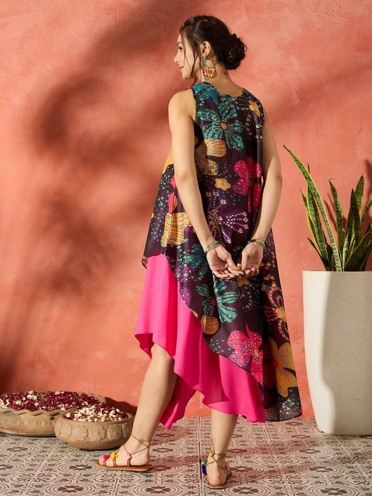 InWeave Black Floral Fuchsia Asymmetrical Dress - Swadesiicart