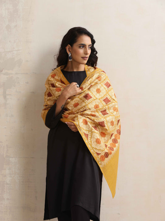 trueBrowns Mustard Embroidered Woollen Stole | Swadesiicart