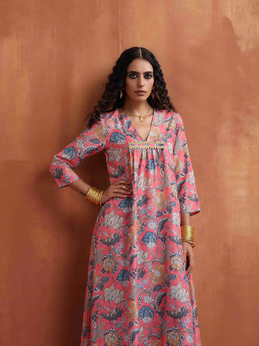 trueBrowns Orange Print A-line Kurta Set | Swadesiicart