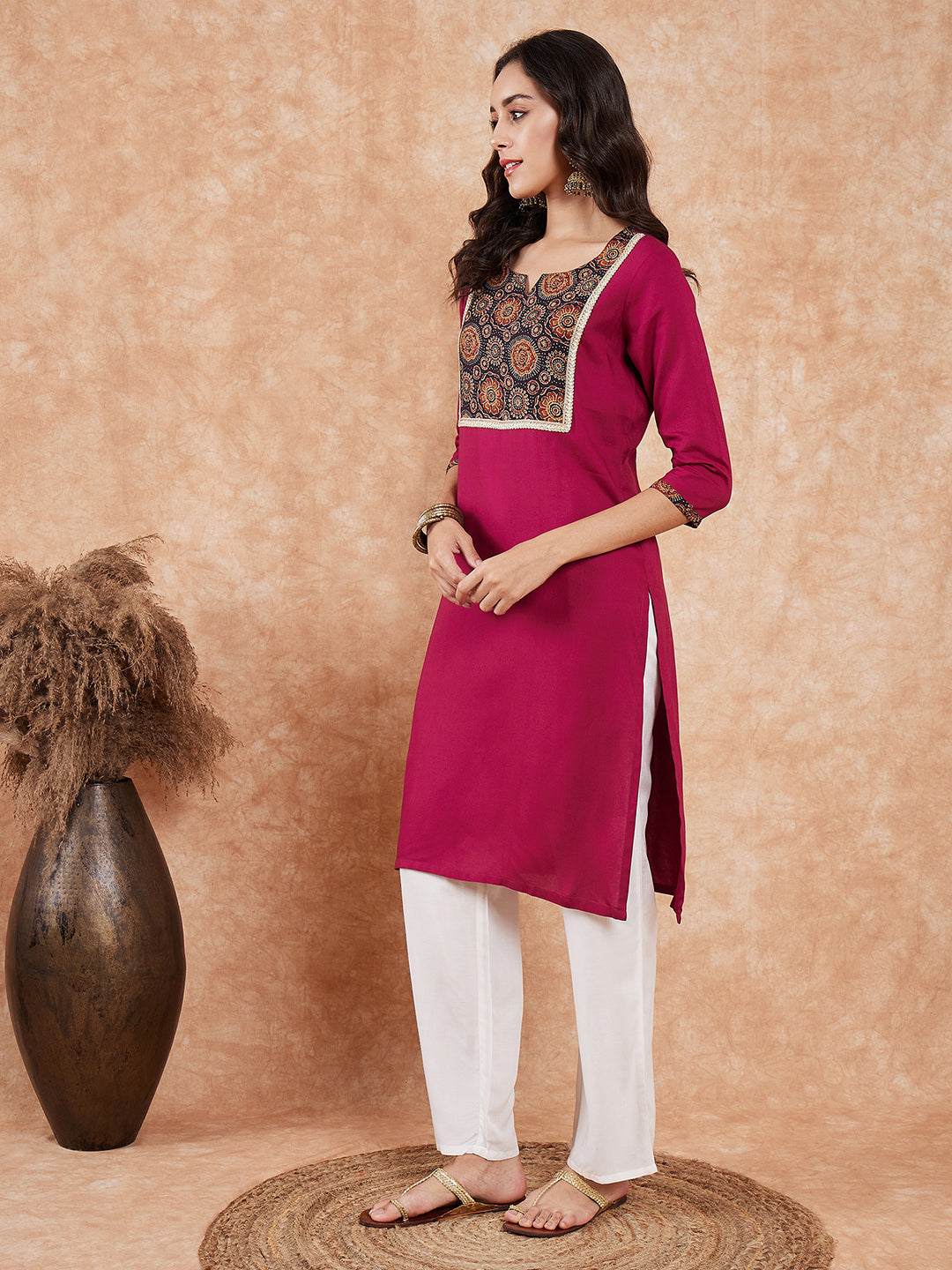 InWeave Women's Wine Printed Neck Patch Work Straight Kurta - Swadesiicart