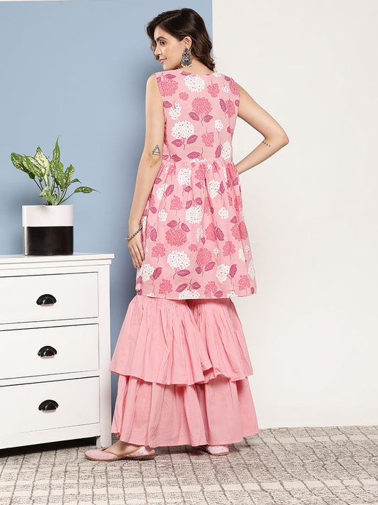 InWeave Women's Pink Printed Chintz Tiered Sharara Set - Swadesiicart