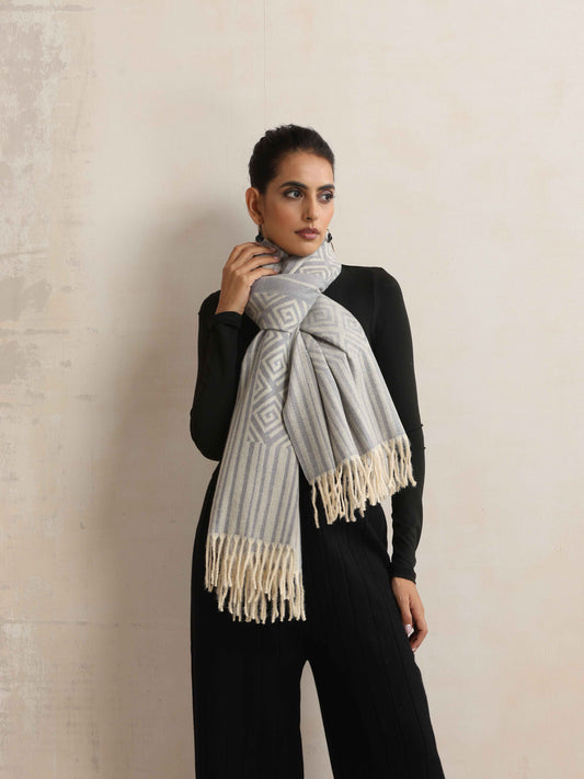 trueBrowns Grey Geometric Woollen Stole | Swadesiicart