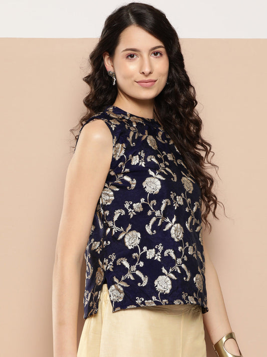 InWeave Women's Navy Blue Brocade Halter Top - Swadesiicart