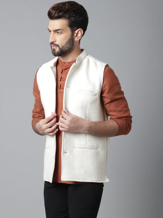 Even Apparels Men's White Pure Wool Nehru Jacket | Swadesiicart