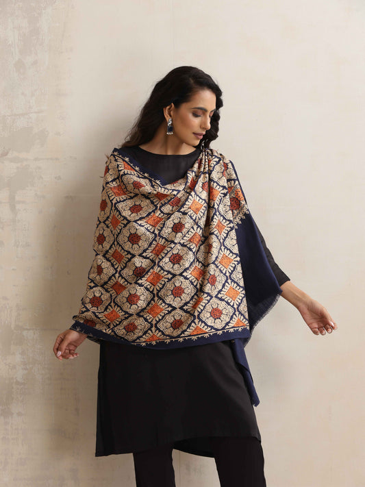 trueBrowns Navy Blue Embroidered Woollen Stole | Swadesiicart