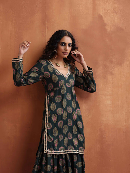 trueBrowns Green Foil Print Sharara Set | Swadesiicart