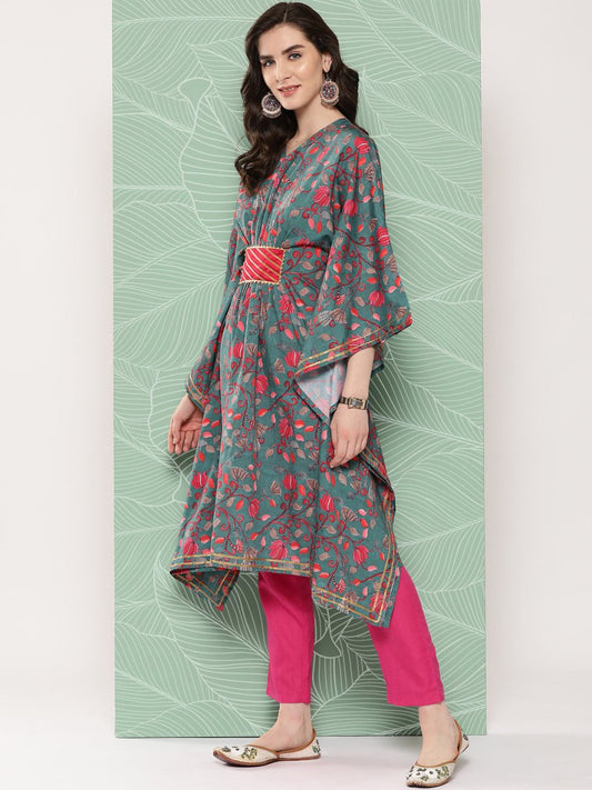 Ahalyaa Women Floral Printed Flared Sleeves Gotta Patti Crepe Kaftan Kurta | Swadesiicart