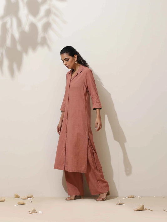 trueBrowns Peach Cotton Linen Kurta Pant Set | Swadesiicart