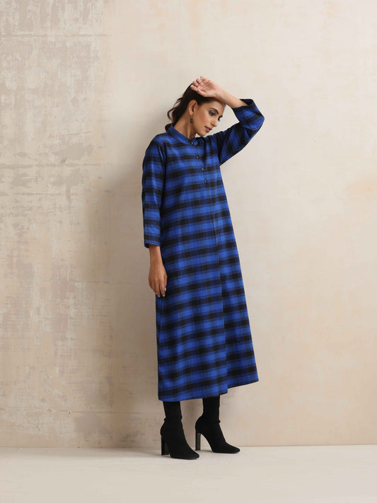 trueBrowns Blue Check Flared Winter Dress | Swadesiicart