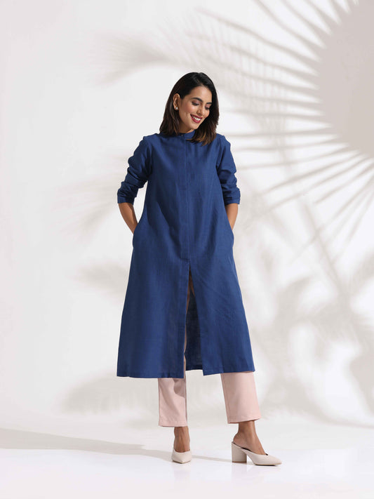 trueBrowns Blue Slub Kurta Set | Swadesiicart
